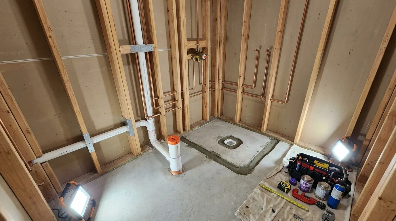 Bathroom rough-in plumbing during remodel by Johns Plumbing LLC in Norris