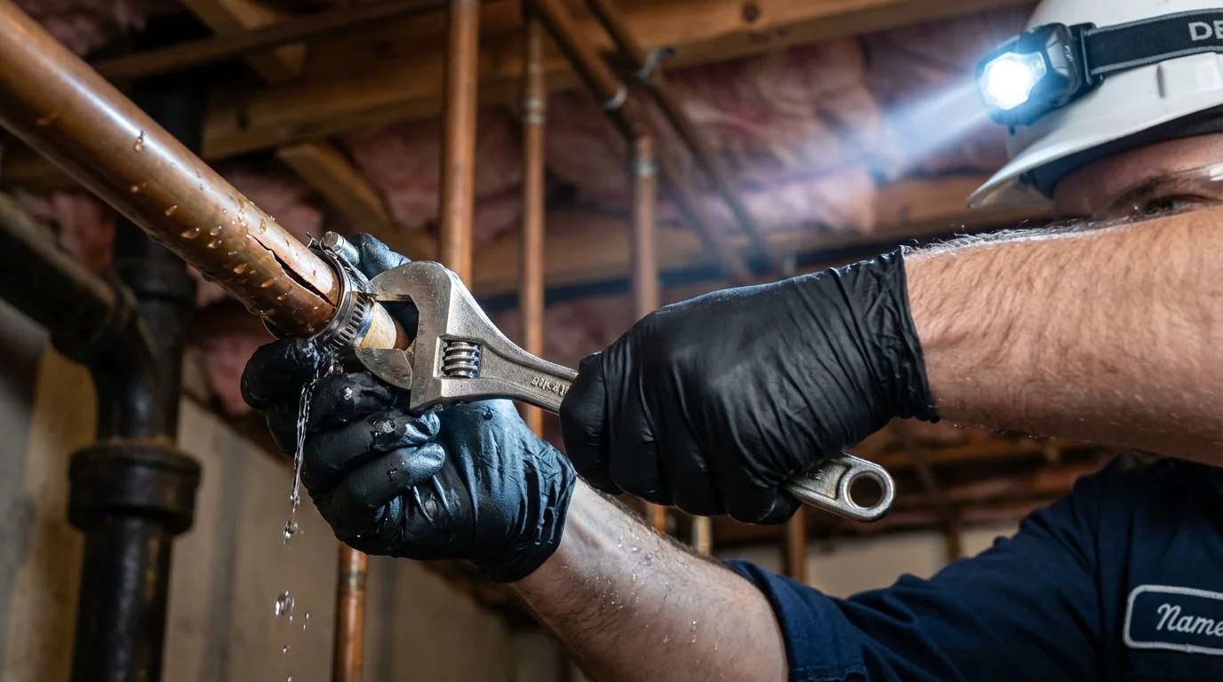Emergency pipe clamp repair being performed by a Johns Plumbing LLC plumber in Norris